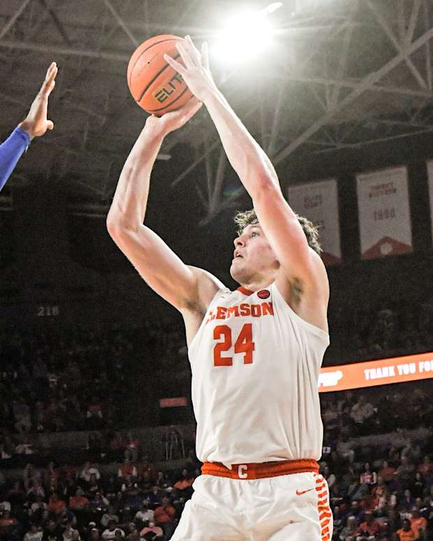 Clemson sophomore forward PJ Hall(24) shoots near Duke University center Mark Williams (15) during the second half at Littlejohn Coliseum Thursday, February 10, 2022.

Ncaa Basketball Duke At Clemson